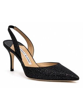 Manolo Blahnik Carolyne Slingback Heels Black Glitter Pumps COA